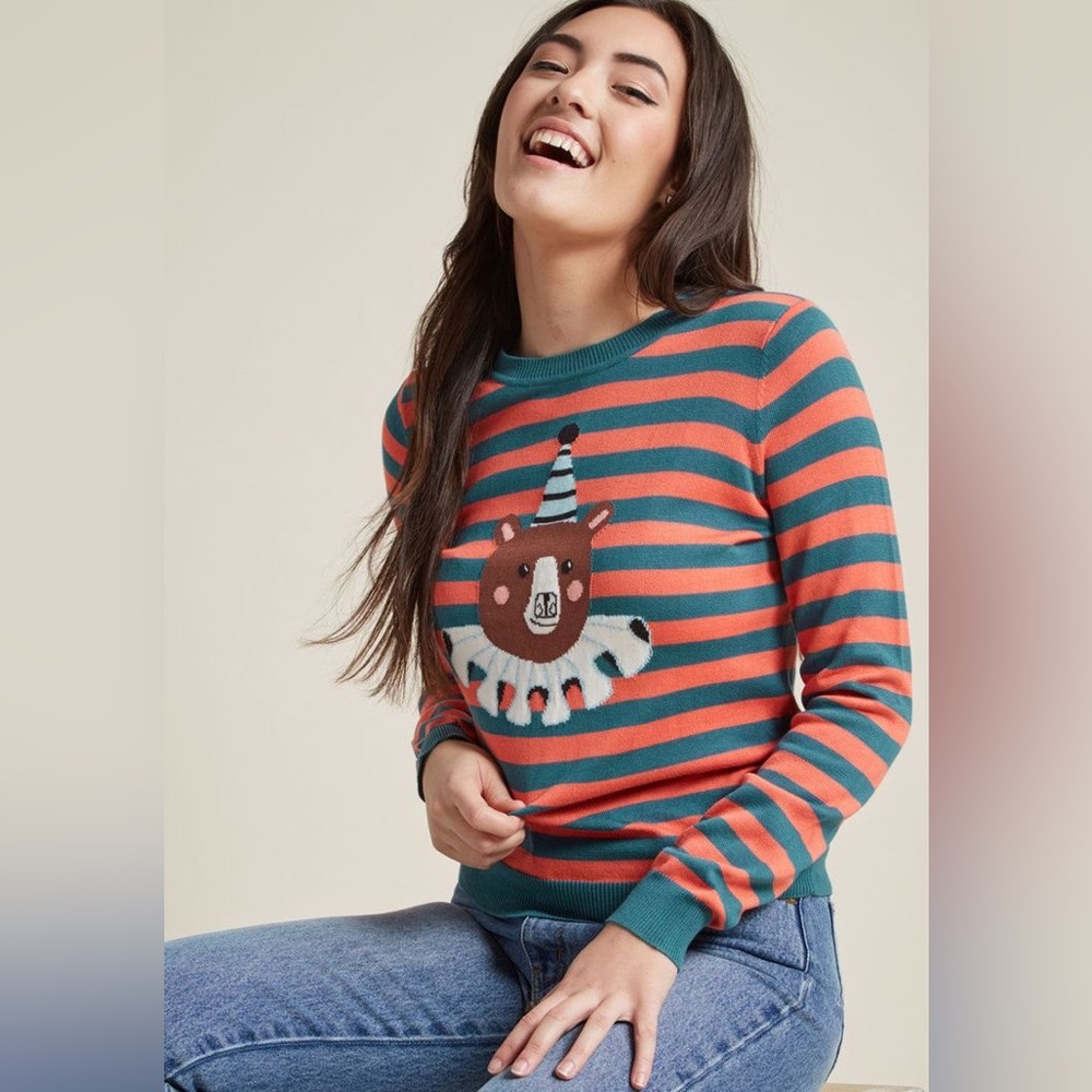 ModCloth Ursa Majorette Intarsia Sweater Blue Coral Striped Bear Pullover